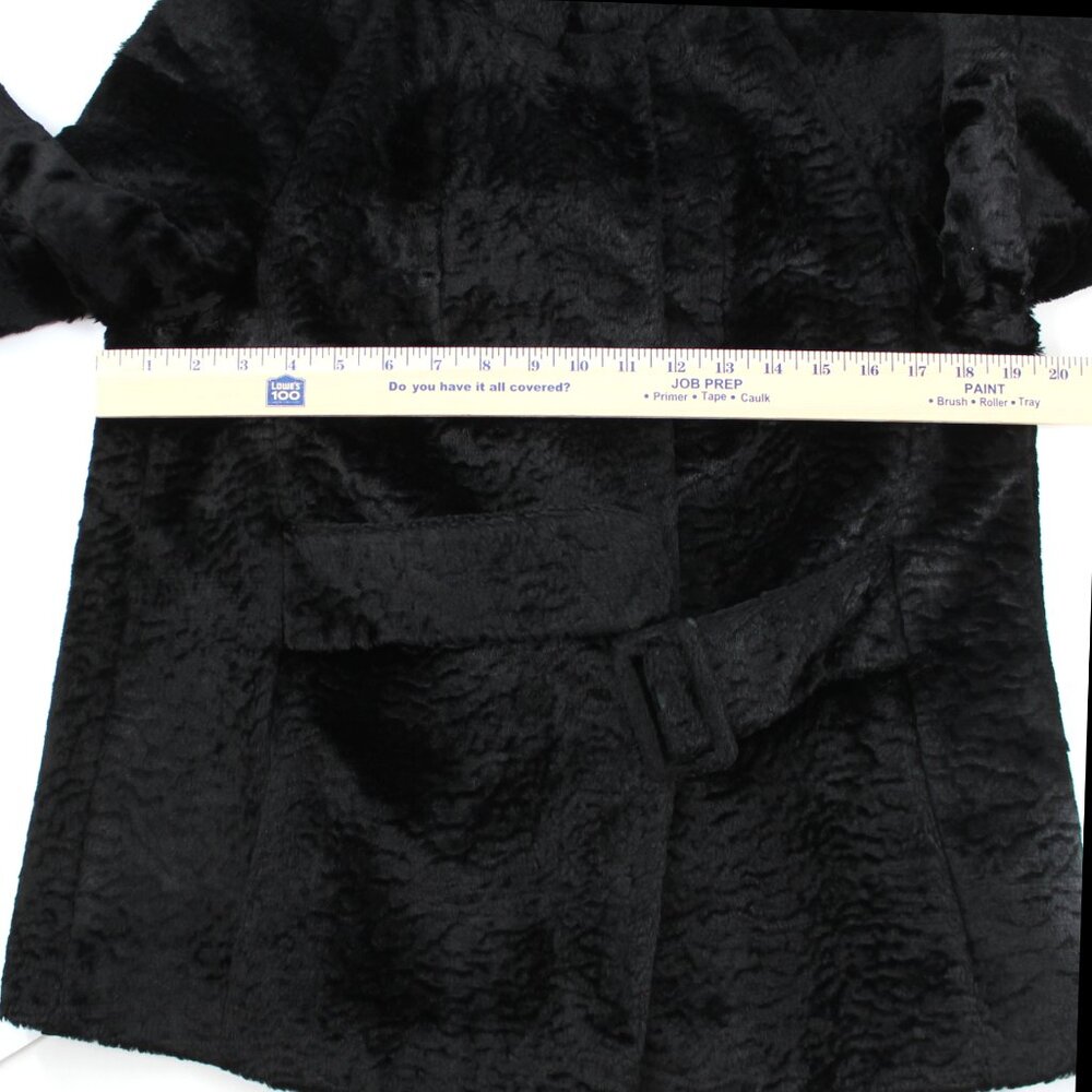 VTG 50s 60s Faux Fur Jacket Black Belted Satin Lined Stand Collar Swing Coat M - Picture 11 of 16